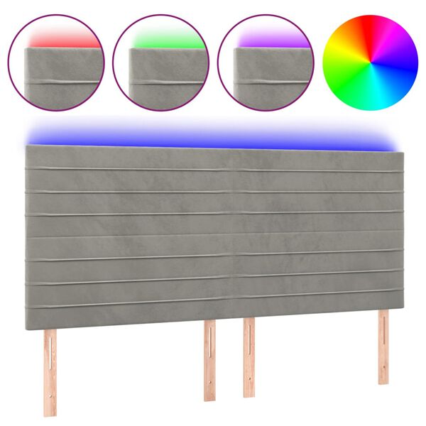 vidaXL Cabeceira cama c/ luzes LED veludo 180x5x118/128cm cinza-claro