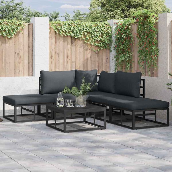 vidaXL Conjunto de Sof&aacute; de Jardim com almofada 5 pcs Preto Alum&iacute;nio