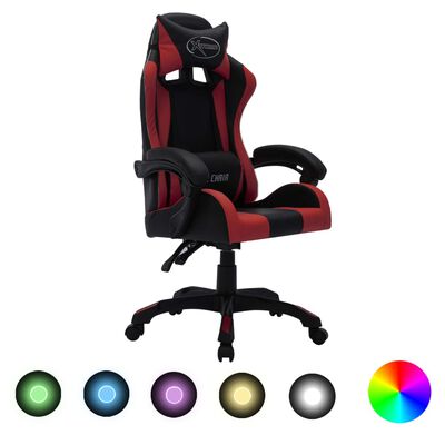 vidaXL Cadeira corrida luzes LED RGB couro arti. vermelho tinto/preto