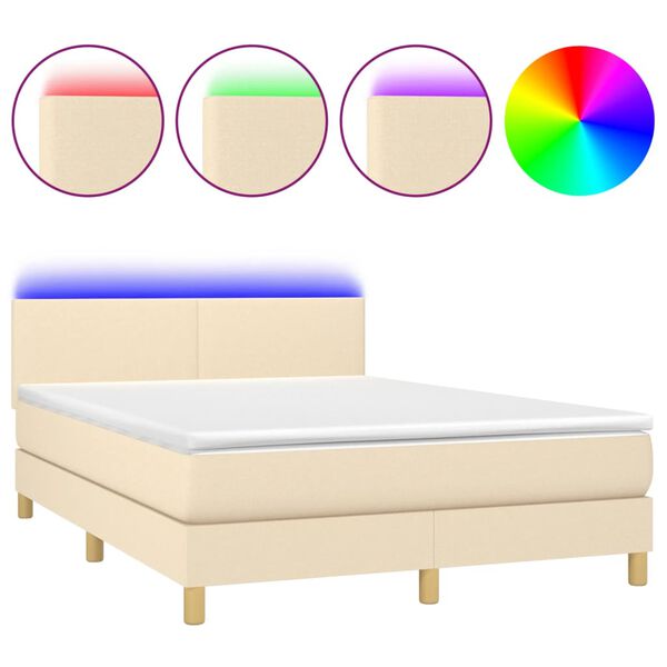 vidaXL Cama box spring c/ colch&atilde;o e LED 140x190 cm tecido cor creme