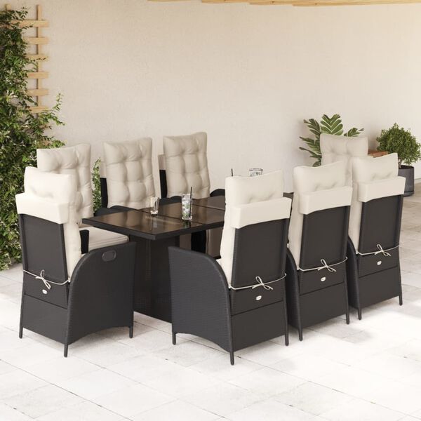 vidaXL 9 pcs conjunto de jantar p/ jardim c/ almofad&otilde;es vime PE preto