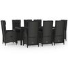 vidaXL 9 pcs conjunto de jantar p/ jardim c/ almofad&otilde;es vime PE preto