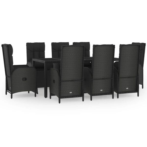 vidaXL 9 pcs conjunto de jantar p/ jardim c/ almofad&otilde;es vime PE preto