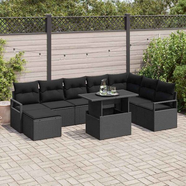 vidaXL Conjunto de Sof&aacute; de Jardim 9 pcs Preto Rattan Sint&eacute;tico