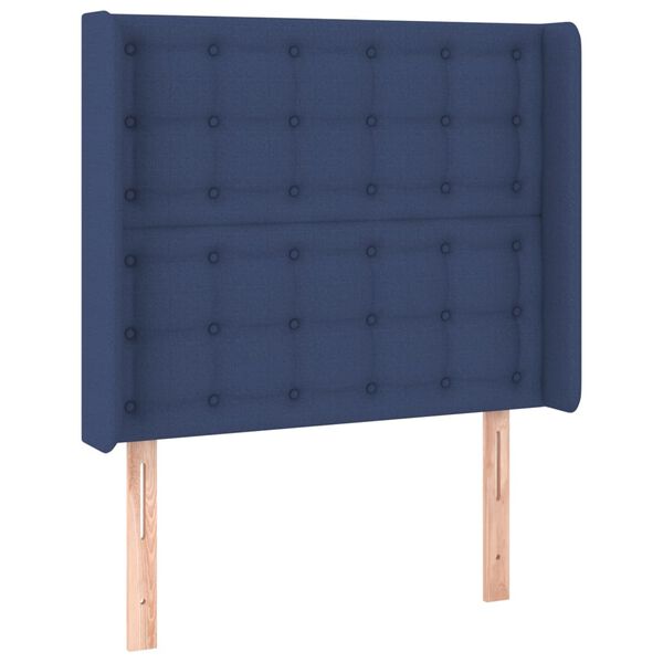 vidaXL Cabeceira de cama c/ abas tecido 103x16x118/128 cm azul