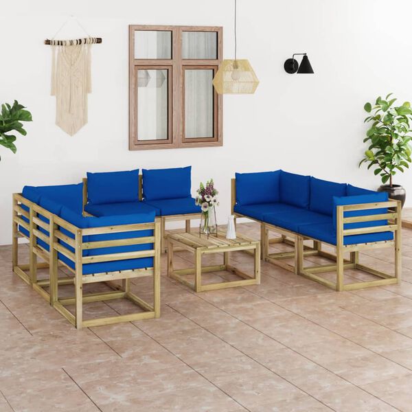 vidaXL Conj. lounge de jardim 9 pcs com almofad&otilde;es pinho impregnado
