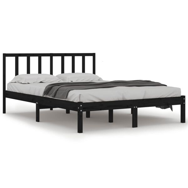 vidaXL Estrutura de cama casal 135x190 cm pinho maci&ccedil;o preto
