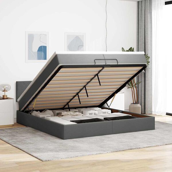 vidaXL Estrutura de cama otomana com colch&otilde;es tecido cinzento escuro