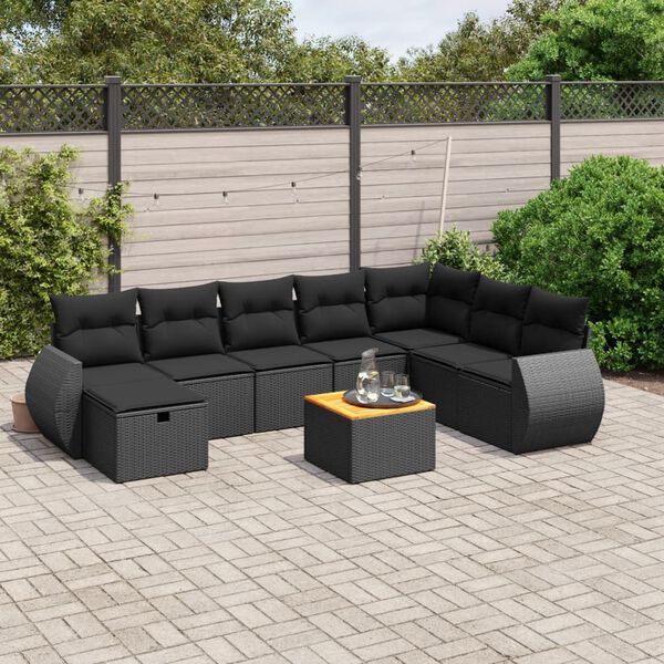vidaXL 9 pcs conjunto de sof&aacute;s p/ jardim c/ almofad&otilde;es vime PE preto