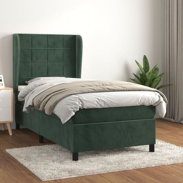 vidaXL Cama com molas/colch&atilde;o 100x200 cm veludo verde-escuro