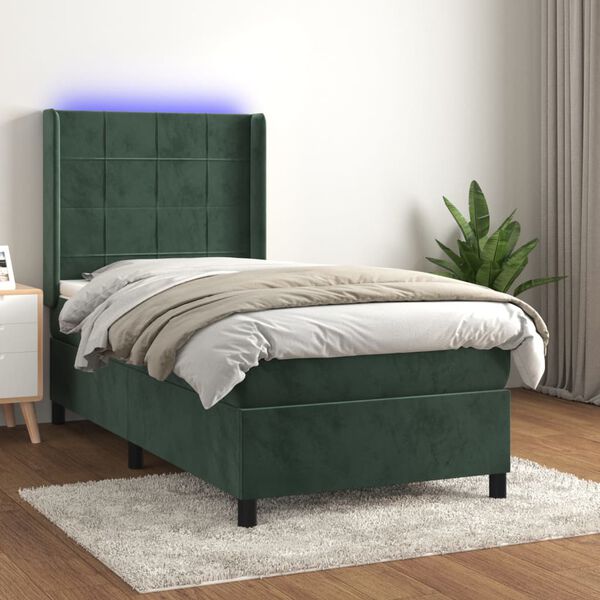 vidaXL Cama box spring c/ colch&atilde;o/LED 100x200 cm veludo verde-escuro