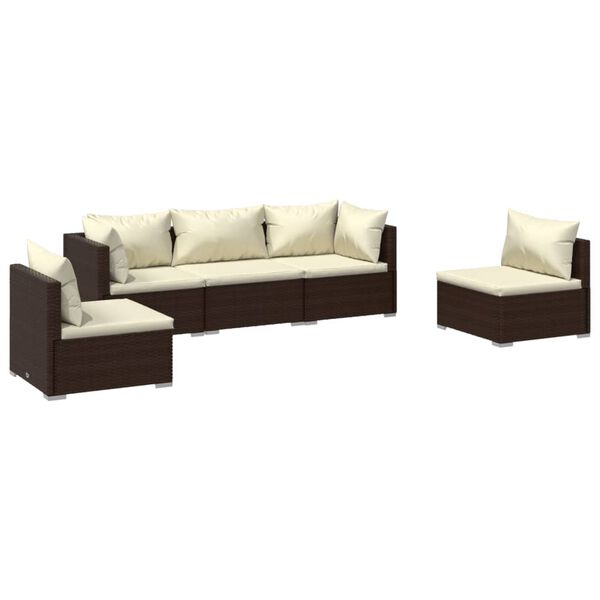 vidaXL 5 pcs conjunto lounge jardim c/ almofadões vime PE castanho