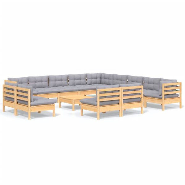 vidaXL 14 pcs conj. lounge de jardim c/ almofad&otilde;es cinza pinho maci&ccedil;o
