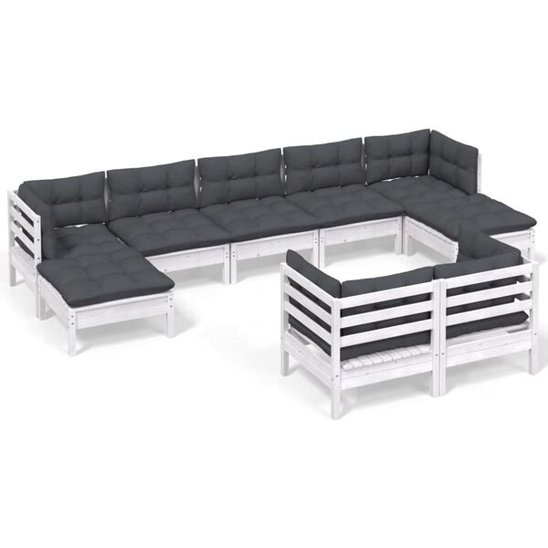 vidaXL 9 pcs conj. lounge de jardim c/ almofad&otilde;es pinho maci&ccedil;o branco