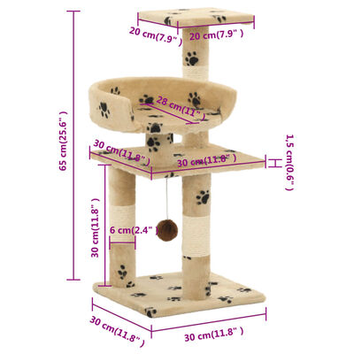 vidaXL Árvore para gatos c/ postes arranhadores sisal 65 cm bege