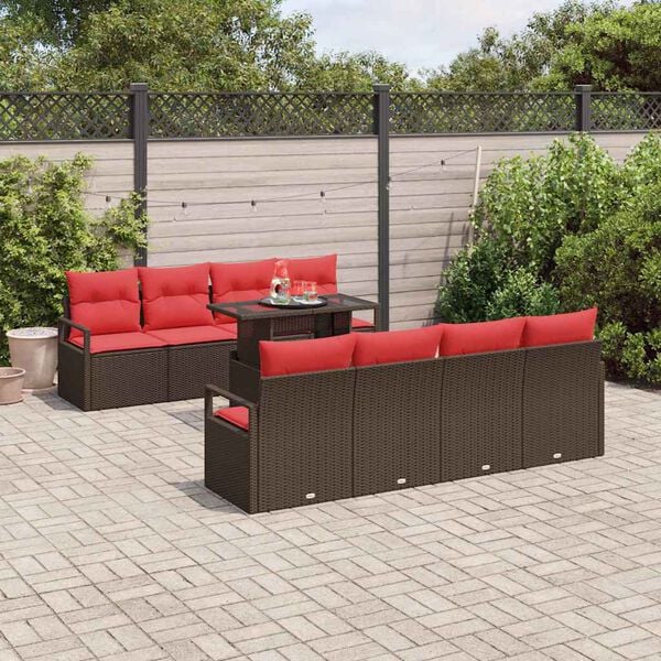 vidaXL Conjunto de Sof&aacute; de Jardim 9 pcs Marrom e Vermelho vime PE