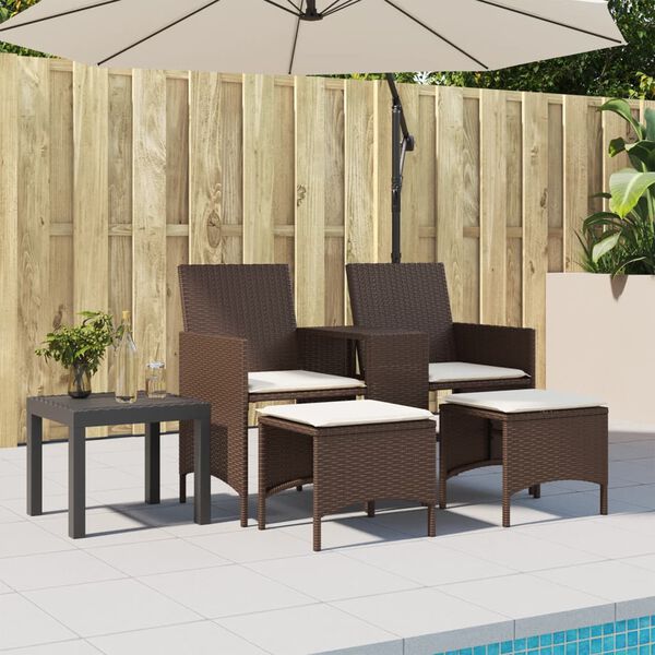vidaXL Sof&aacute; de jardim de 2 lugares com mesa e bancos vime PE castanho