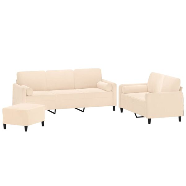 vidaXL 3 pcs conjunto sof&aacute;s c/ almofadas/almofad&otilde;es veludo cor creme