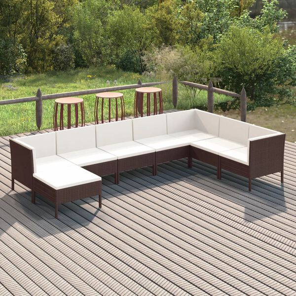 vidaXL 8 pcs conjunto lounge jardim c/ almofad&otilde;es vime PE castanho