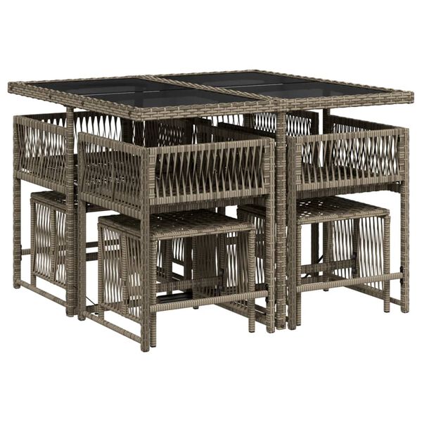 vidaXL 9 pcs conjunto de jantar p/ jardim c/ almofad&otilde;es vime PE cinza