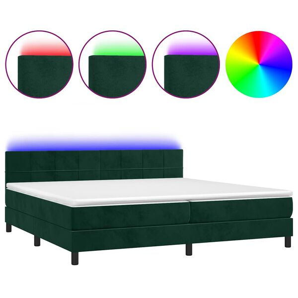 vidaXL Cama box spring c/ colch&atilde;o/LED 200x200 cm veludo verde-escuro