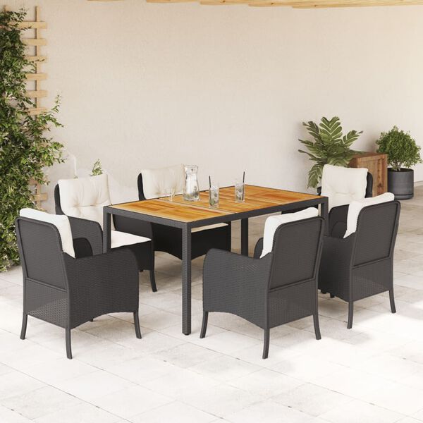 vidaXL 7 pcs conjunto de jantar p/ jardim c/ almofad&otilde;es vime PE preto