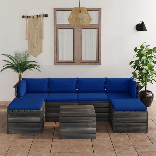 vidaXL 7 pcs conjunto lounge de paletes com almofad&otilde;es pinho maci&ccedil;o