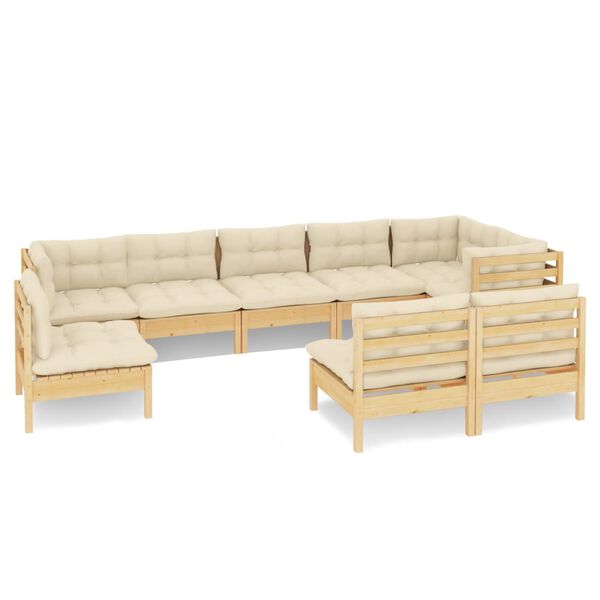 vidaXL 9 pcs conjunto lounge jardim c/ almofad&otilde;es creme pinho maci&ccedil;o