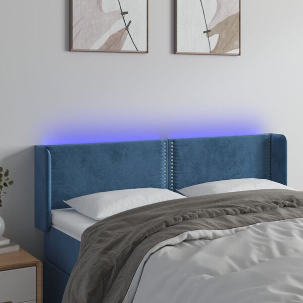 vidaXL Cabeceira cama c/ luzes LED veludo 147x16x78/88 cm azul-escuro