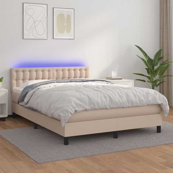 vidaXL Cama box spring c/colch&atilde;o/LED 140x200cm couro artif. cappuccino