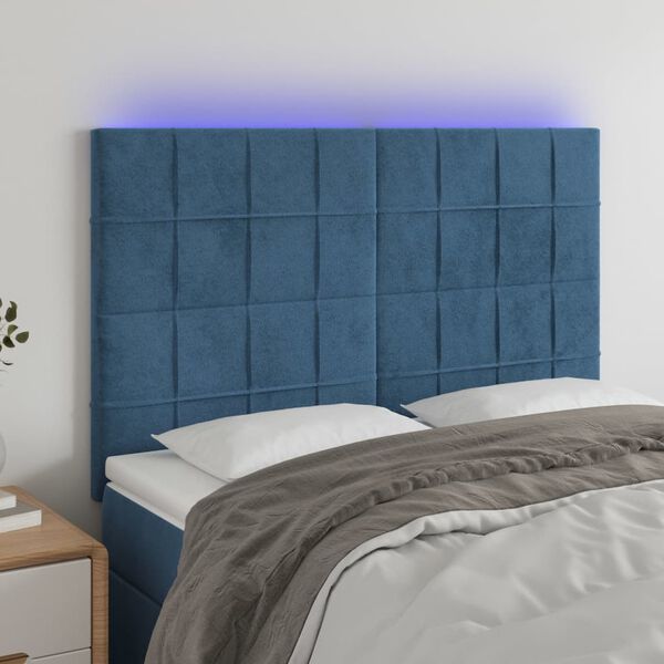 vidaXL Cabeceira cama c/ luzes LED veludo 144x5x118/128cm azul-escuro