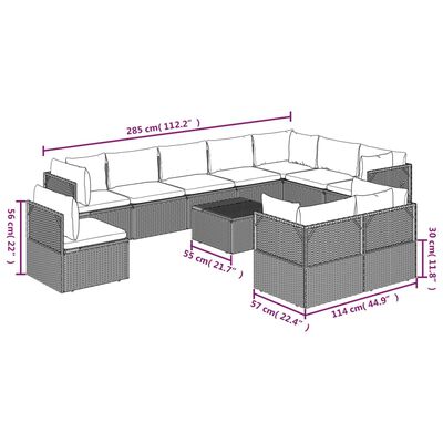 vidaXL 11 pcs conjunto lounge de jardim c/ almofadões vime PE cinzento