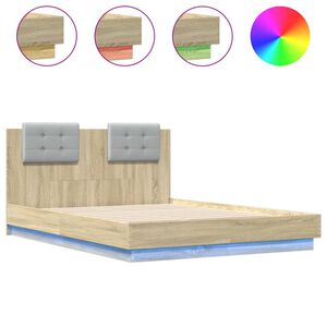 vidaXL Estrutura cama c/ cabeceira/luzes LED 135x190cm carvalho sonoma