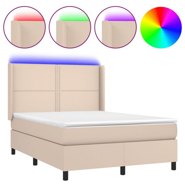 vidaXL Cama box spring c/colch&atilde;o/LED 140x200cm couro artif. cappuccino