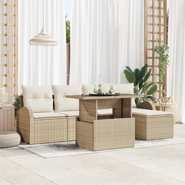 vidaXL Conjunto de Sof&aacute; de Jardim 6 pcs Bege Rattan Sint&eacute;tico