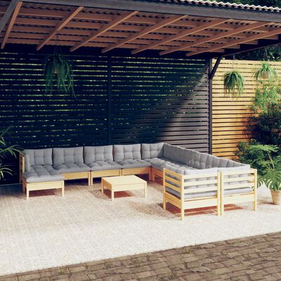 vidaXL 12 pcs conjunto lounge de jardim c/ almofadões cinza pinho