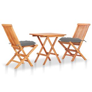 vidaXL Conjunto bistr&ocirc; c/ almofad&otilde;es cinzentos 3 pcs teca maci&ccedil;a