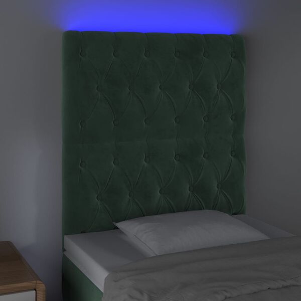 vidaXL Cabeceira de cama c/ LED veludo 80x7x118/128 cm verde-escuro
