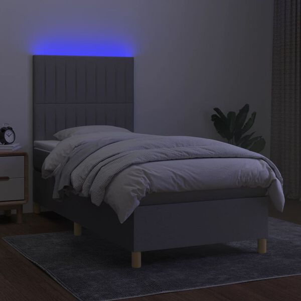 vidaXL Cama box spring c/ colch&atilde;o e LED 90x190 cm tecido cinza-claro