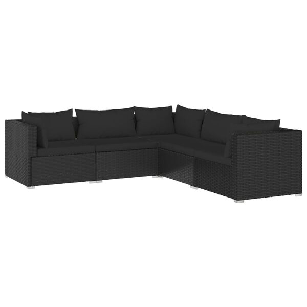 vidaXL 5 pcs conjunto lounge de jardim c/ almofadões vime PE preto