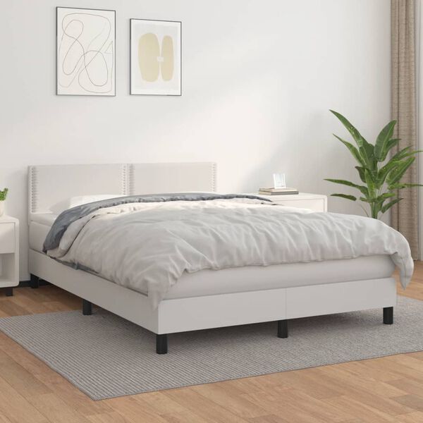 vidaXL Cama com molas/colch&atilde;o 140x190 cm couro artificial branco