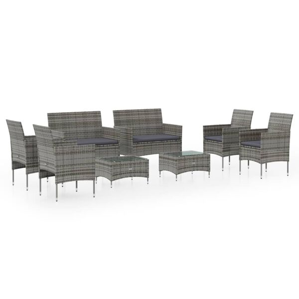 vidaXL 8 pcs conjunto lounge de jardim c/ almofad&otilde;es vime PE cinzento