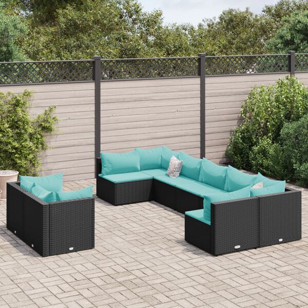 vidaXL 9 pcs conjunto de sof&aacute;s p/ jardim c/ almofad&otilde;es vime PE preto