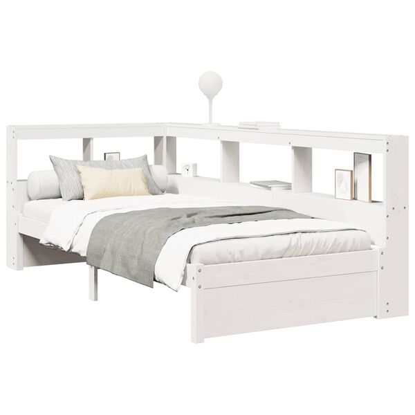 vidaXL Cama com estante sem colch&atilde;o 90x200 cm pinho maci&ccedil;o branco