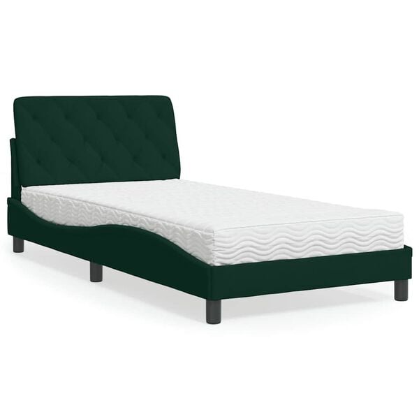 vidaXL Cama com colch&atilde;o 100x200 cm veludo verde-escuro