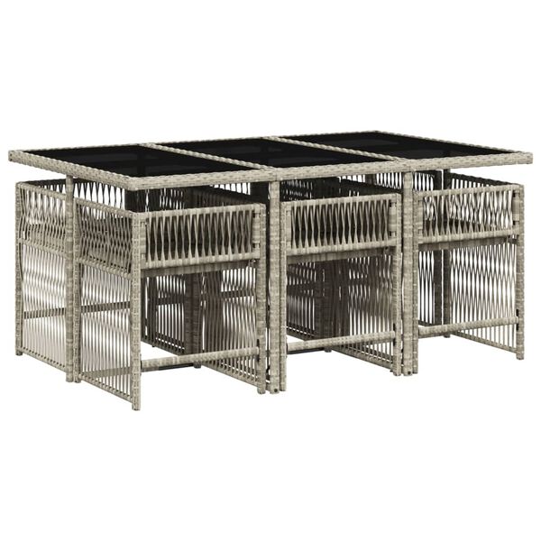 vidaXL 7 pcs conj. jantar p/ jardim c/ almofad&otilde;es vime PE cinza-claro