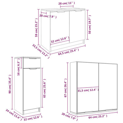 vidaXL 4pcs conj. armários casa de banho madeira processada branco