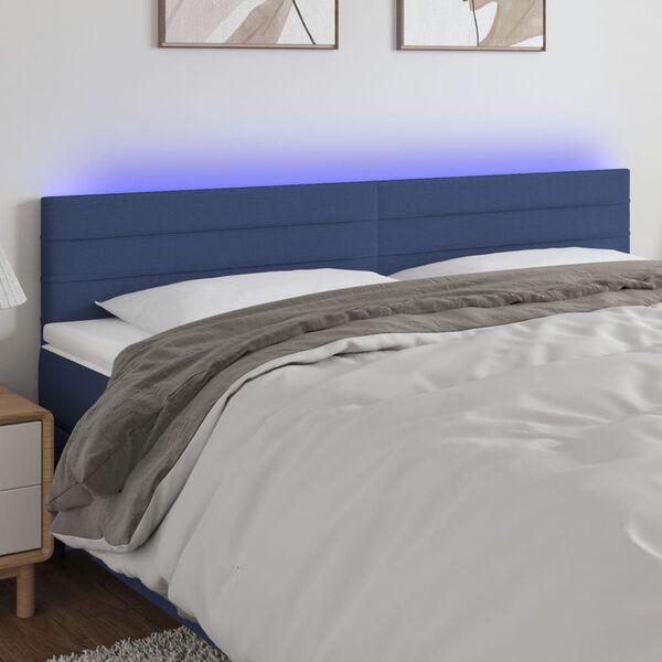 vidaXL Cabeceira de cama c/ luzes LED tecido 200x5x78/88 cm azul