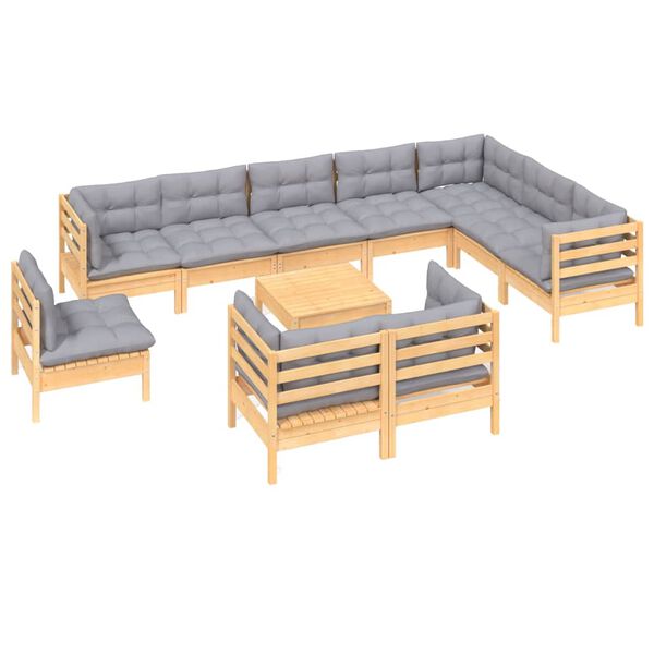 vidaXL 11pcs conjunto lounge de jardim + almofad&otilde;es cinza pinho maci&ccedil;o