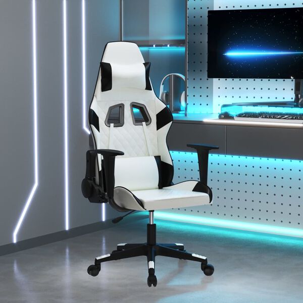 vidaXL Cadeira gaming massagens couro artificial branco e preto